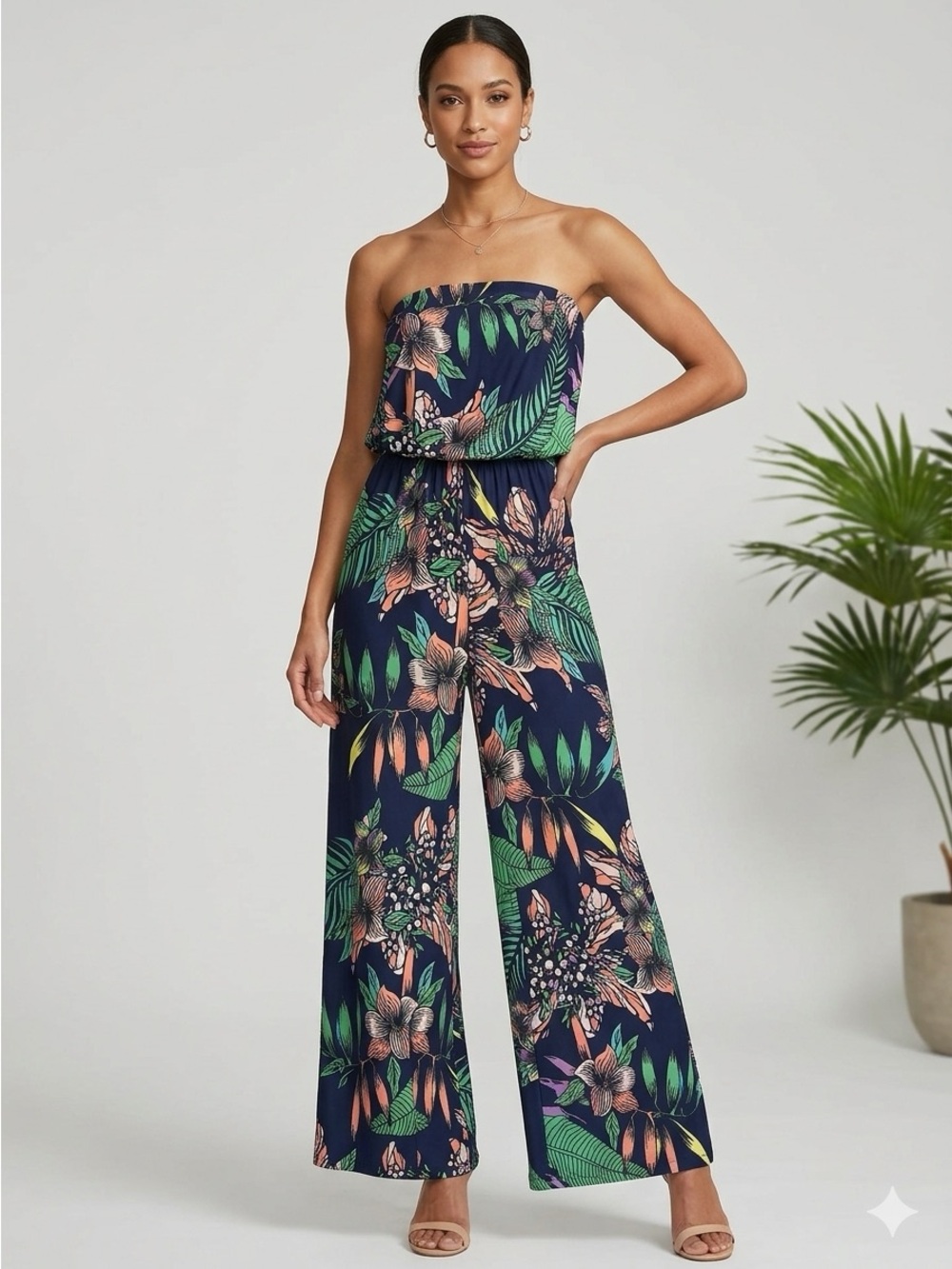 Floral Strapless Wide-Leg Jumpsuit in Navy